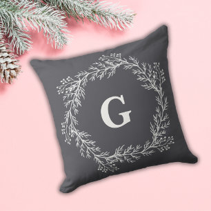 Wit Krijt Winter Kerstkrans Monogram Grijs Kussen