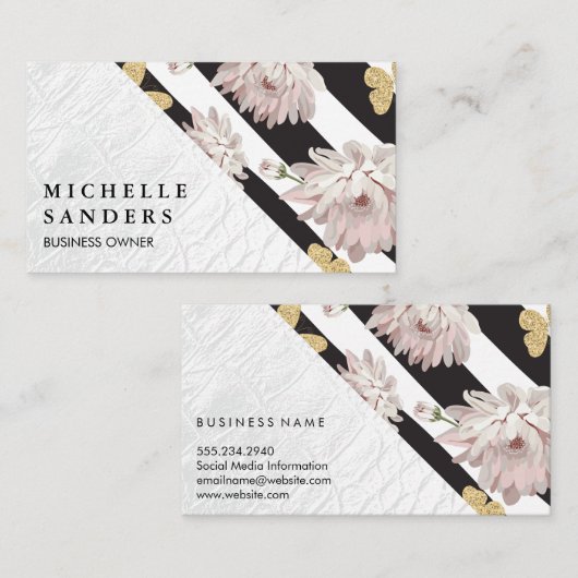 Wit krokodillenleer | Strepen en vlinders Visitekaartje (Voorkant / Achterkant)