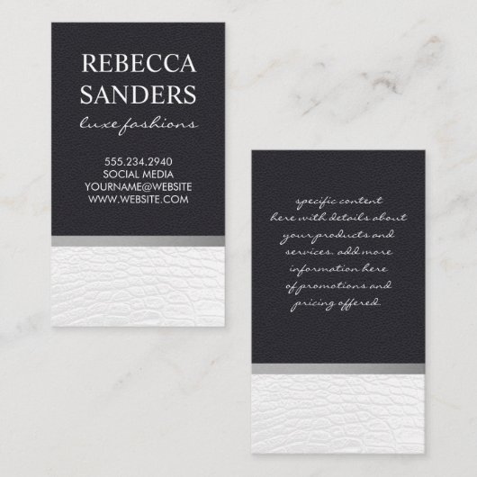 wit krokodillenleer | zwart leder visitekaartje (Voorkant / Achterkant)