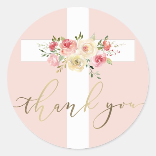 wit kruis bloemig Dank U Ronde Sticker (Voorkant)