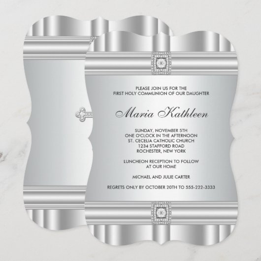 Wit Kruis Diamanten Meisjes Wit Eerste Communie Kaart (Voorkant / Achterkant)