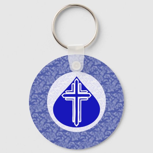 Wit kruis in blauwe traandrop blauwe achtergrond sleutelhanger (Voorkant)