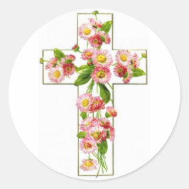 Wit kruis met roze bloemen ronde sticker