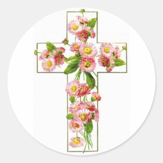 Wit kruis met roze bloemen ronde sticker (Voorkant)