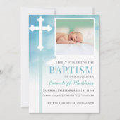 Wit Kruisblauw Waterverf foto doop Kaart (Voorkant)