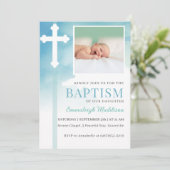 Wit Kruisblauw Waterverf foto doop Kaart (Staand voorkant)