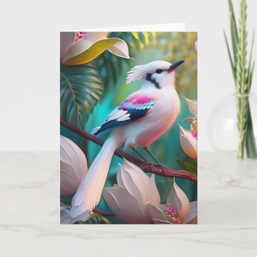Wit Kuif Blozend Borst Fantasie Vogel Kaart (Voorkant)
