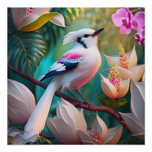 Wit Kuif Blozend Borst Fantasie Vogel Perfect Poster (Voorkant)