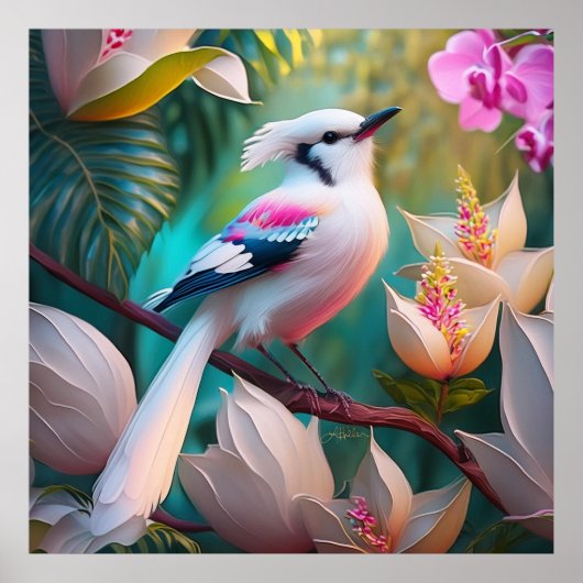 Wit Kuif Blozend Borst Fantasie Vogel Poster (Voorkant)