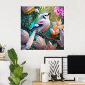 Wit Kuif Blozend Borst Fantasie Vogel Poster (Thuiskantoor)