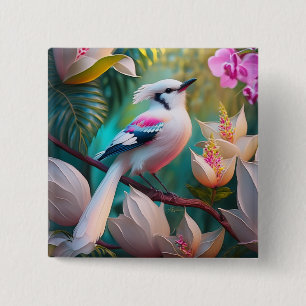 Wit Kuif Blozend Borst Fantasie Vogel Vierkante Button 5,1 Cm