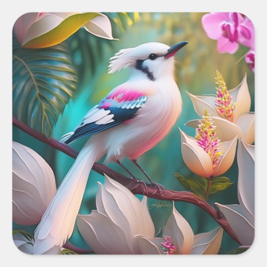 Wit Kuif Blozend Borst Fantasie Vogel Vierkante Sticker (Voorkant)