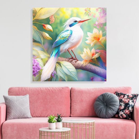 Wit Kuif Iridescente Blauwe Vleugel Fantasie Vogel Canvas Afdruk (Insitu (Woonkamer))
