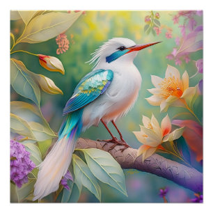 Wit Kuif Iridescente Blauwe Vleugel Fantasie Vogel Perfect Poster