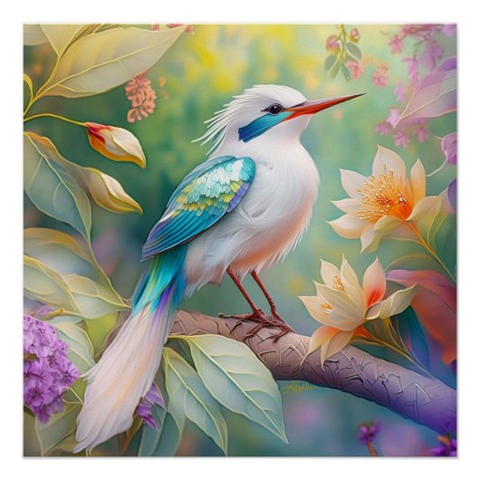 Wit Kuif Iridescente Blauwe Vleugel Fantasie Vogel Perfect Poster (Voorkant)