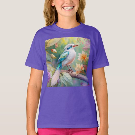 Wit Kuif Iridescente Blauwe Vleugel Fantasie Vogel T-shirt (Voorkant)
