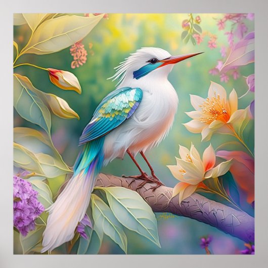 Wit Kuif Iridescente Teal Vleugel Fantasie Vogel Poster (Voorkant)