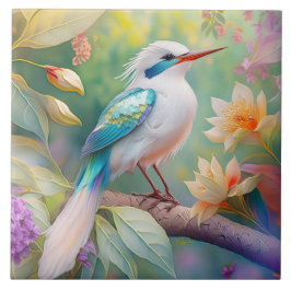 Wit Kuif Iridescerende Teal Vleugel Fantasie Vogel Tegeltje