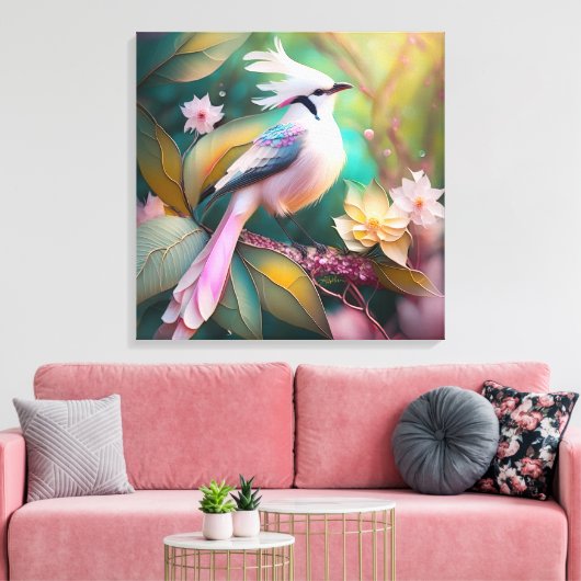 Wit Kuifje Blozend Staart Jay Fantasie Vogel Canvas Afdruk (Insitu (Woonkamer))