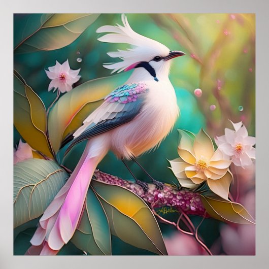 Wit Kuifje Blozend Staart Jay Fantasie Vogel Poster (Voorkant)