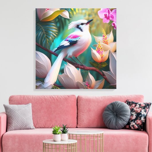 Wit Kuifje Blozende Borst Fantasie Vogel Canvas Afdruk (Insitu (Woonkamer))