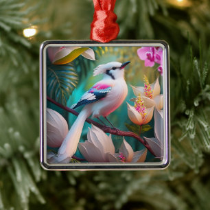 Wit Kuifje Blozende Borst Fantasie Vogel Metalen Ornament