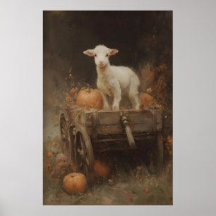 Wit lam op houten kar met pompoenen, gotisch poster