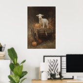 Wit lam op houten kar met pompoenen, gotisch poster (Thuiskantoor)