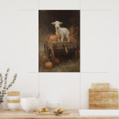 Wit lam op houten kar met pompoenen, gotisch poster (Keuken)