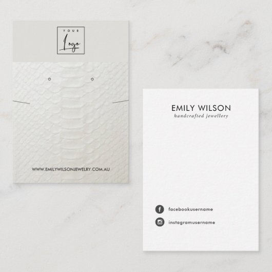 WIT LEATHER TEXTURE KETTING EARRING DISPLAY VISITEKAARTJE (Voorkant / Achterkant)