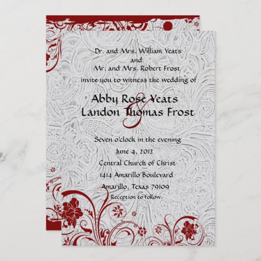 Wit leder en rode lace-bruiloft kaart (Voorkant / Achterkant)