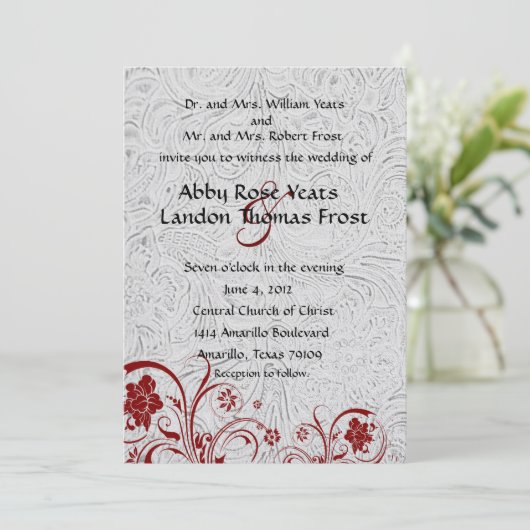 Wit leder en rode lace-bruiloft kaart (Staand voorkant)