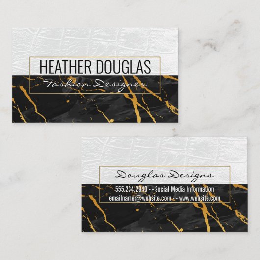 wit leder | Zwart marmer gouden textuur Visitekaartje (Voorkant / Achterkant)