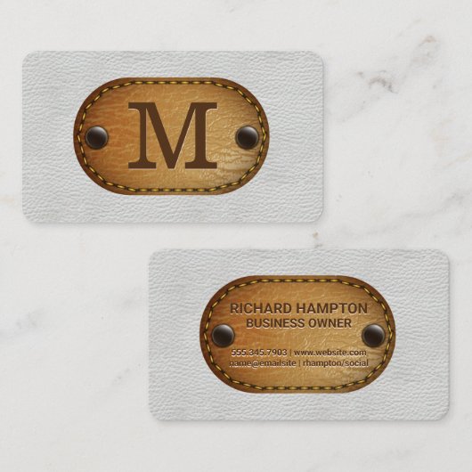 Wit leer en bruin gestikt leer visitekaartje (Voorkant / Achterkant)