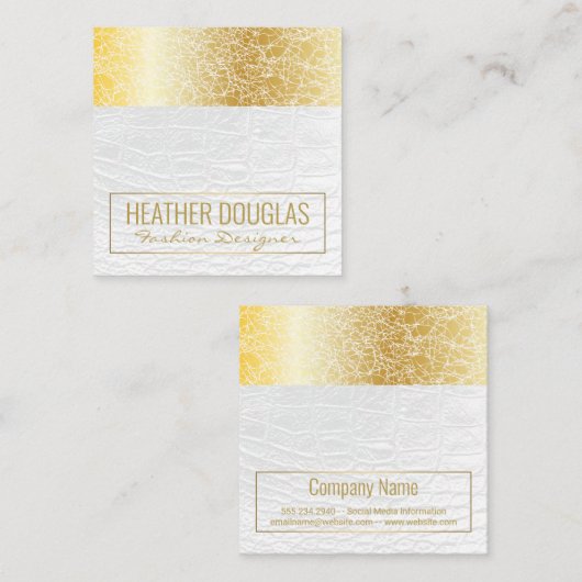 Wit leer | Luxe goud textuur Vierkante Visitekaartje (Voorkant / Achterkant)