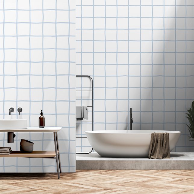 Wit Licht Blau Geruit Scandi Minimalistisch Behang (Badkamer)
