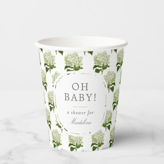 Wit Licht Groen Hydrangea Patroon Oh Baby shower Papieren Bekers (Voorkant)