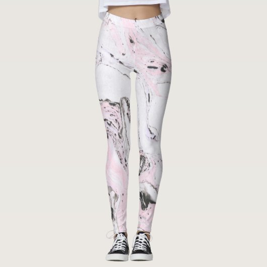 Wit Licht Roze & Grijs Marmeren Swirls Leggings (Voorkant)
