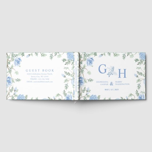 Wit Licht Zachte Paste Blauwe Bloemen Bloemen Huwe Gastenboek (Volledig)