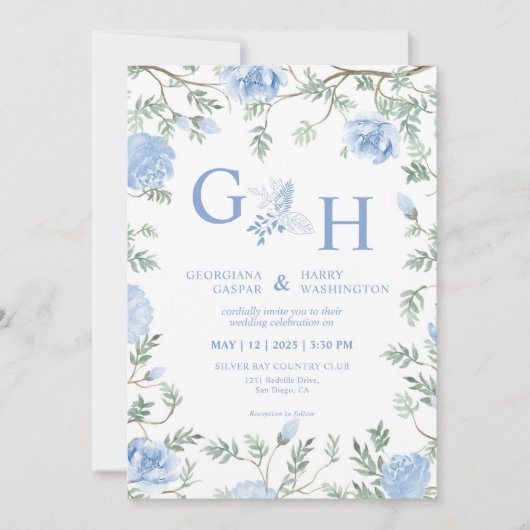 Wit Licht Zachte Paste Blauwe Bloemen Bloemen Huwe Kaart (Voorkant)