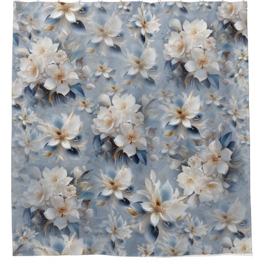 Wit & lichtblauw Zijdeachtig bloemen herhaalt zich Douchegordijn (Voorkant)