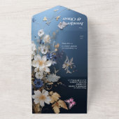Wit & Lichtblauw Zijdeachtig Bloemen op Donkerblau All In One Uitnodiging (Buitenkant)