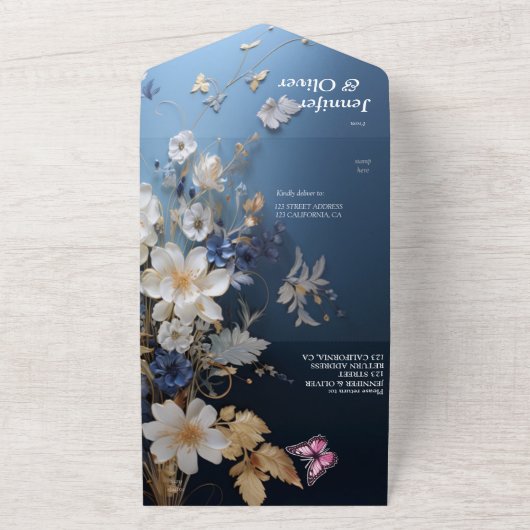 Wit & Lichtblauw Zijdeachtig Bloemen op Donkerblau All In One Uitnodiging (Buitenkant)