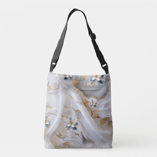 Wit & lichtblauw Zijdeachtige Bloemen op een Zijde Crossbody Tas (Achterkant)