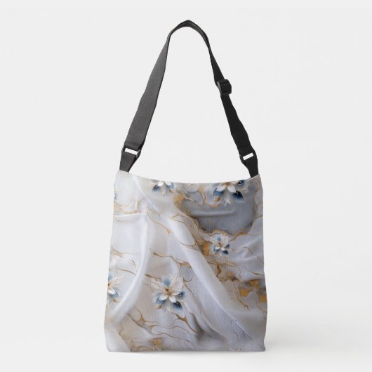 Wit & lichtblauw Zijdeachtige Bloemen op een Zijde Crossbody Tas (Voorkant)