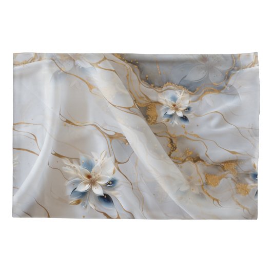 Wit & lichtblauw Zijdeachtige Bloemen op een Zijde Kussensloop (Achterkant)