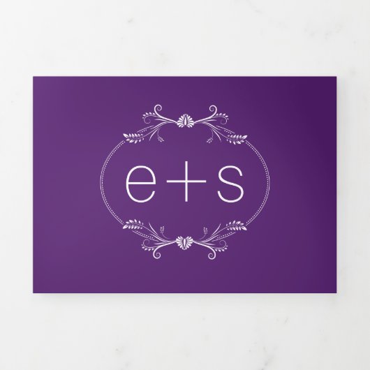 Wit lijst en initialen monogram paarse bruiloft drieluik uitnodiging (Cover)