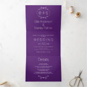 Wit lijst en initialen monogram paarse bruiloft drieluik uitnodiging (Binnen)