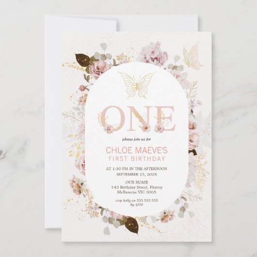 Wit Lijst Meisjes Roze Boho Bloemen 1e Verjaardag Kaart (Voorkant)