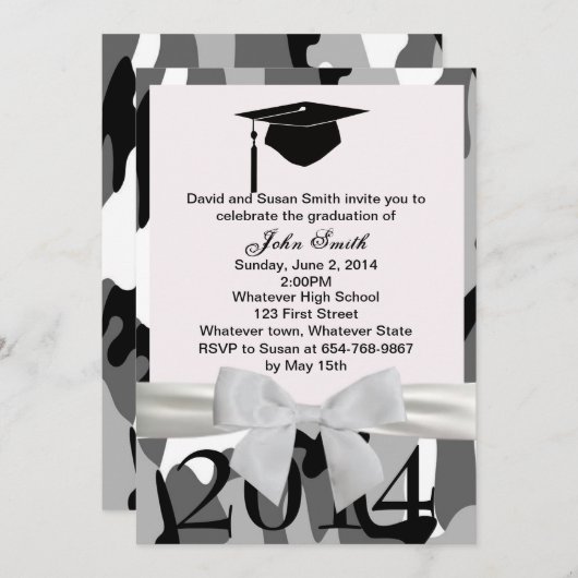 Wit lint en grijs camo Afstuderen uitnodiging (Voorkant / Achterkant)